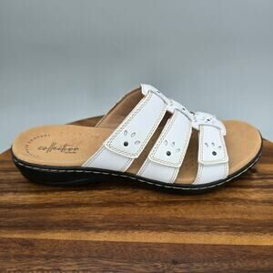 Clarks Sandals Women's 7.5 Wide White Leather Leisa Slip On Adjustable Slides